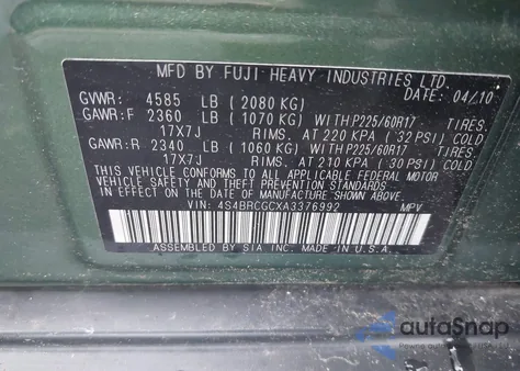 2010 Subaru Outback 2.5I Premium z USA, uszkodzony, nr VIN 4S4BRCGCXA3376992